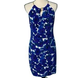 Ivanka Trump Dress Womens L Blue Floral Sleeveless Shift Chain Link Straps Event